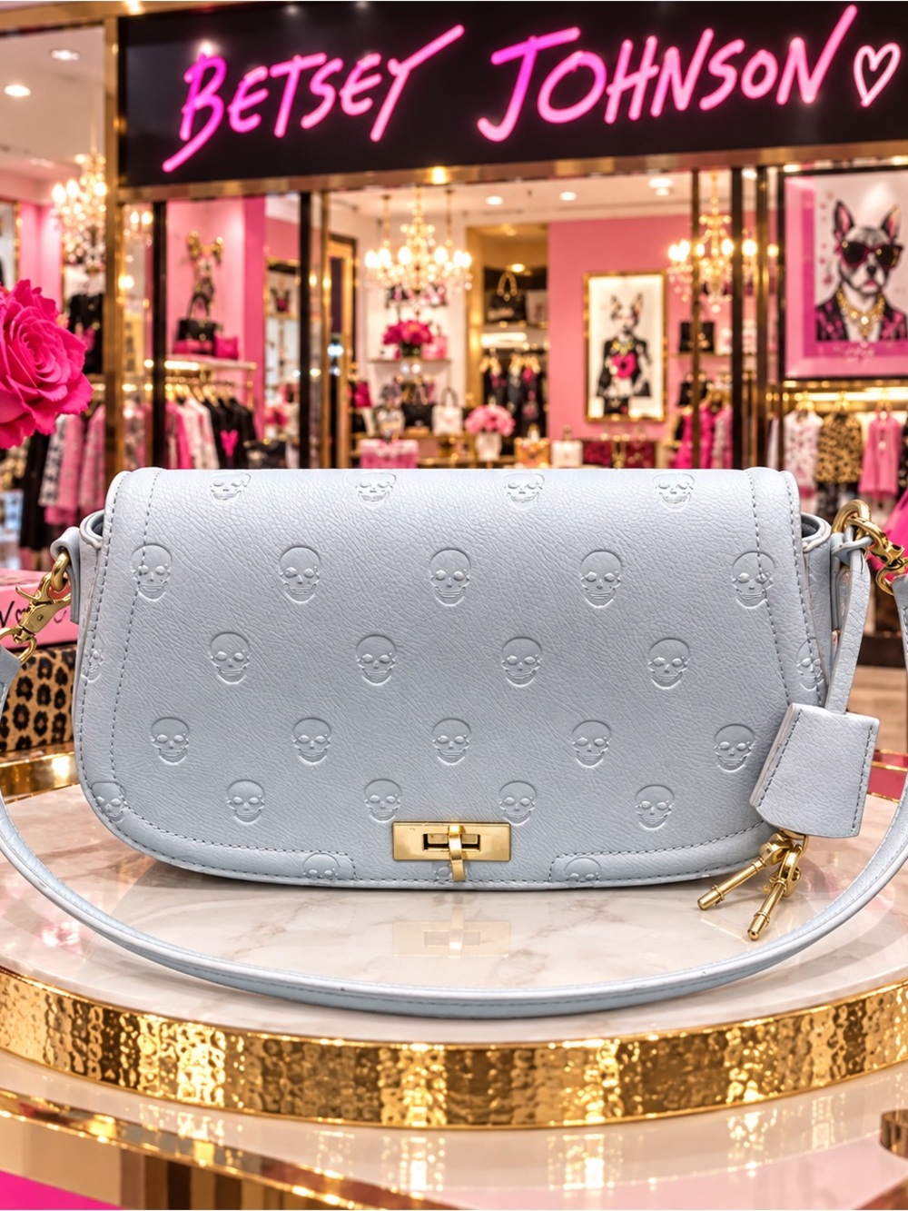 Betsey Johnson Pale Blue Embossed Skull Crossbody/Shoulder Bag.